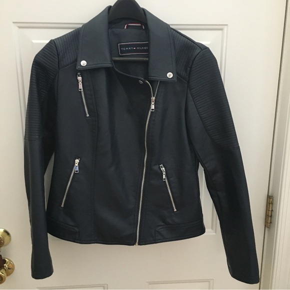 Tommy Hilfiger Leather Biker Jacket Navy Blue Size Medium - Picture 2 of 15